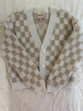 Industry Checkered V-Neck Cardigan in Cream and Tan
